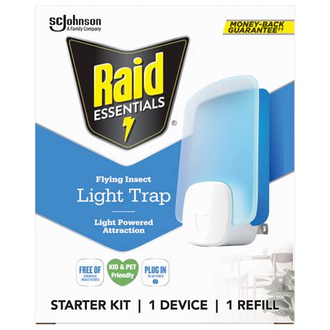 Raid Essentials Flying Insect Light Trap Starter Kit, 1 Plug-in Device 1 Cartridge, Featuring Light Powered Attraction. . Raid light trap refills